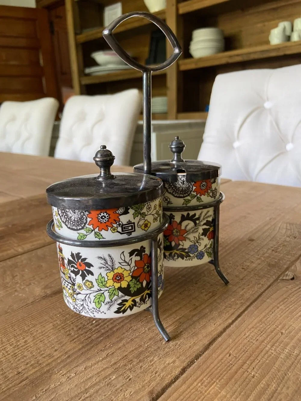 vintage porcelain condiment jar set, retro porcelain kitchen canister set